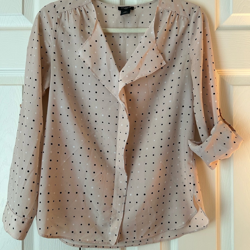 Ann Taylor Pink/Tan/Black V-neck Blouse with Notched Collar